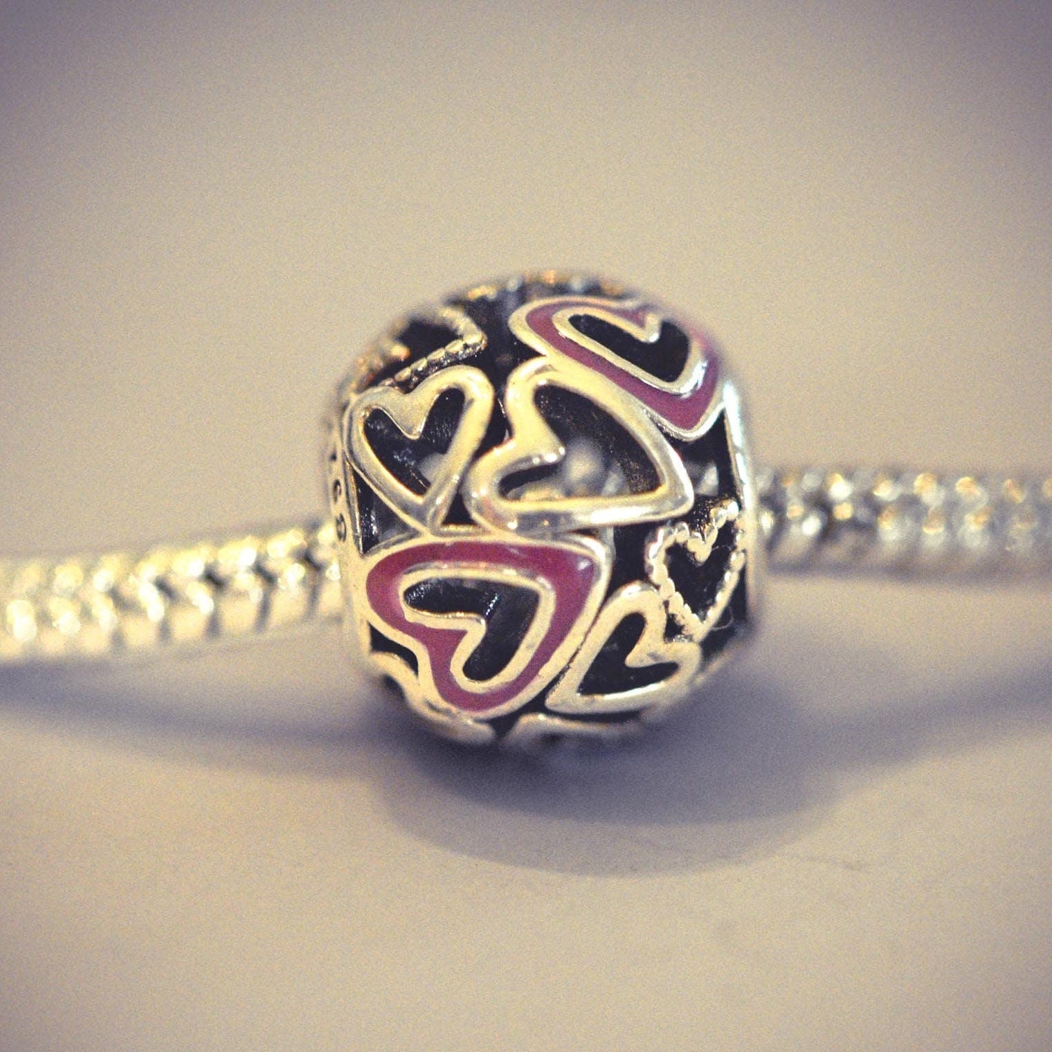 Sterling Silver .925 - Hearts Barrel Slider Charm -Comes with Free Bracelet! - 30% off 3 Charms through 10/6