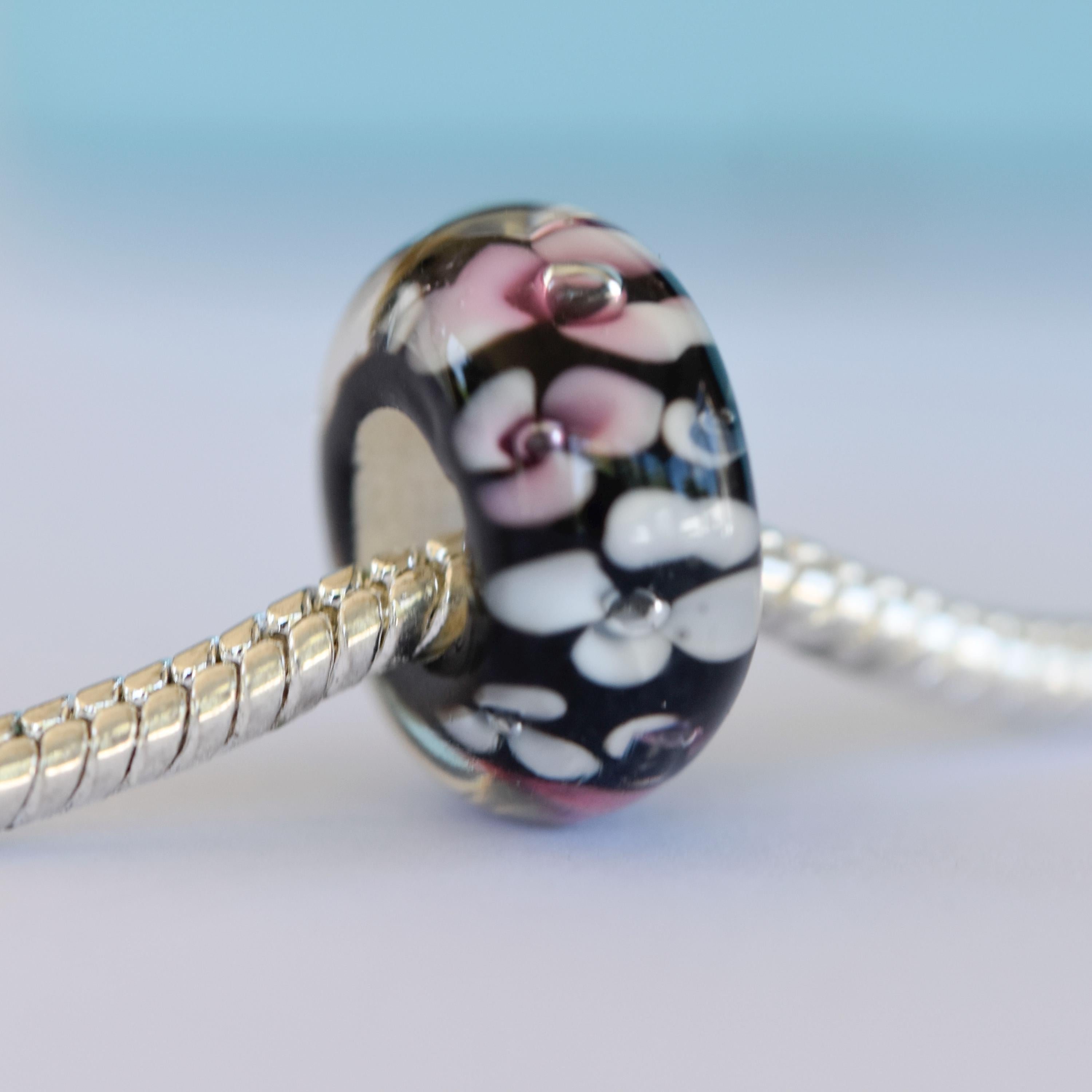Murano Glass Black and White Flower Charm for Pandora Bracelets