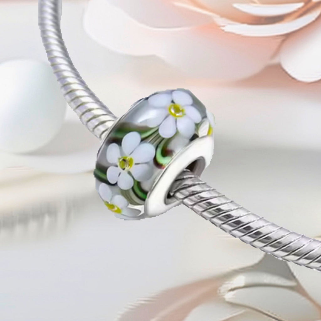 Murano Glass White Daisies Charm