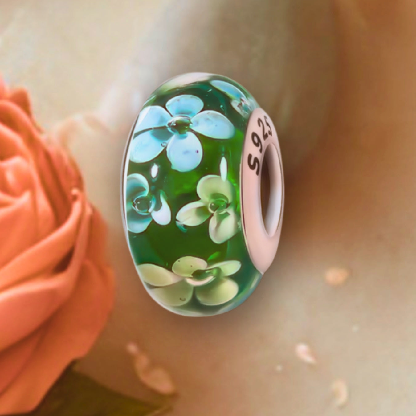 White Daisies Charm on Green Murano Glass