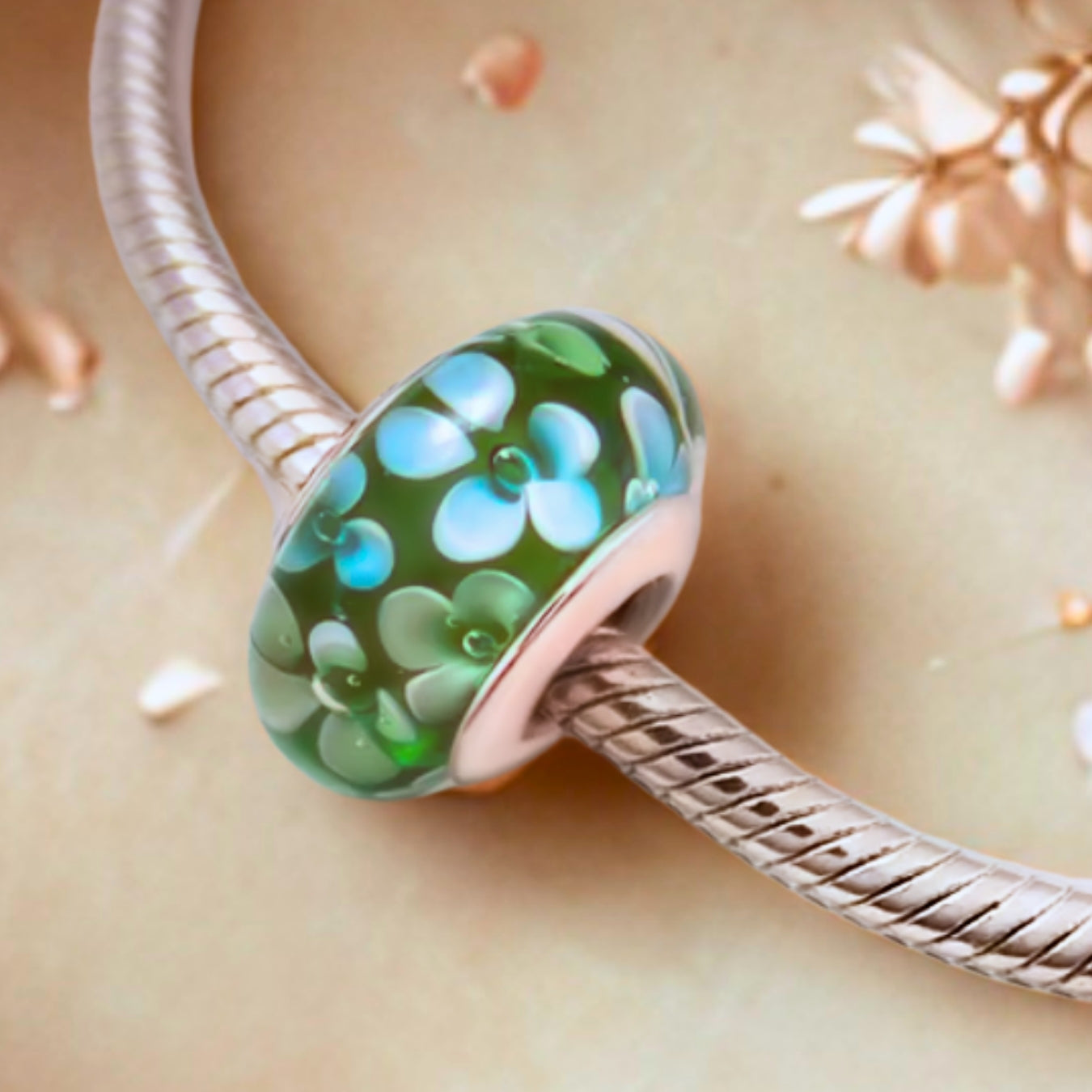 White Daisies Charm on Green Murano Glass