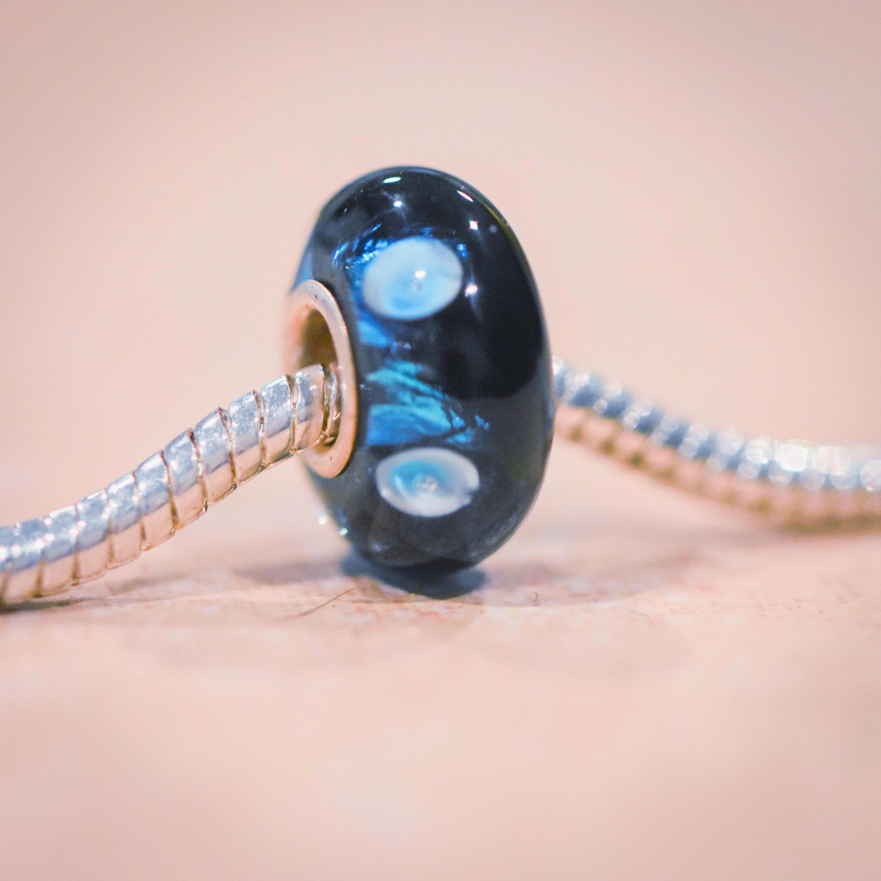 S925 Sterling Silver Murano Glass Charm: Blue & Black Pandora Spacer Bead