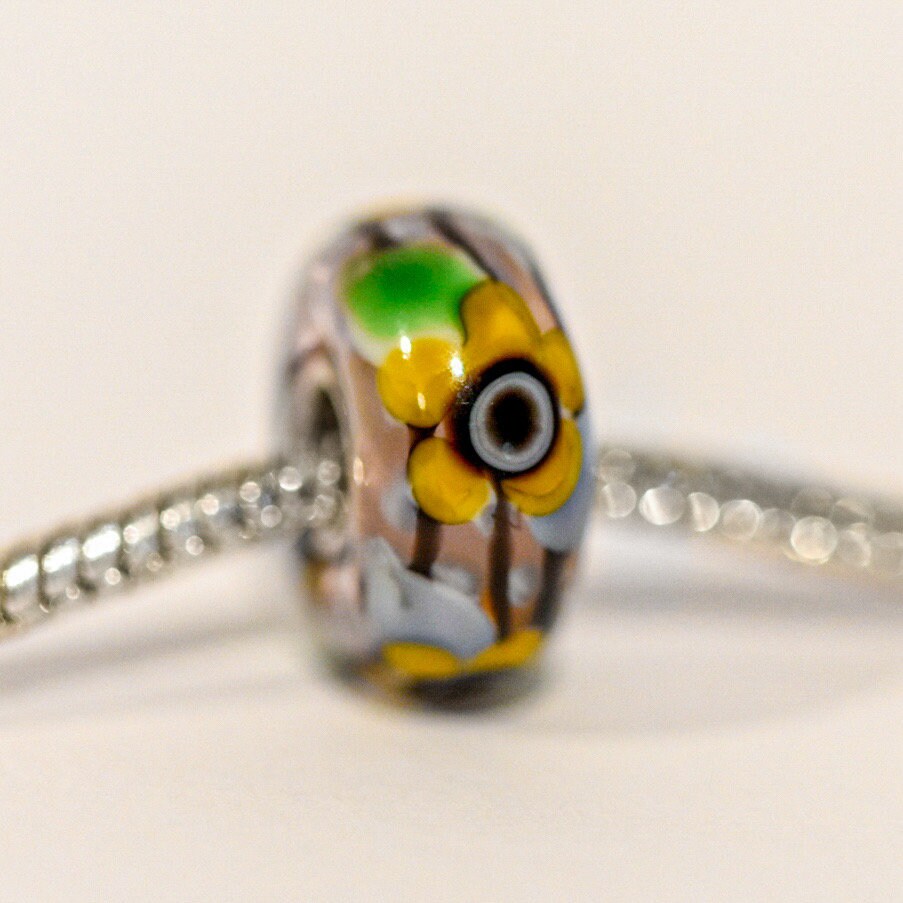 Murano Glass Flower Charm: S925 Sterling Silver Core